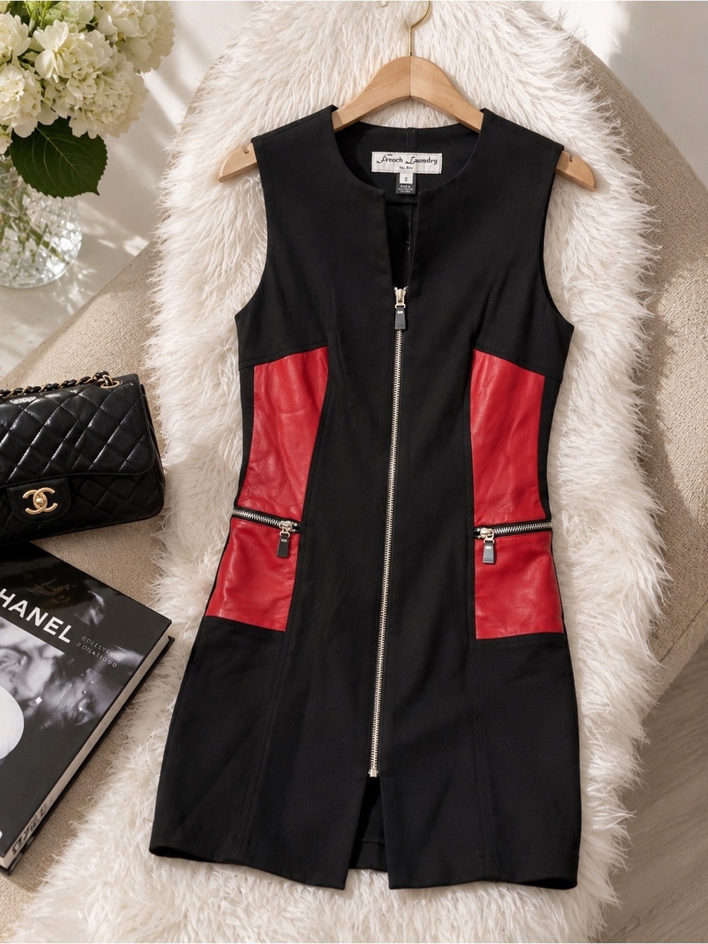 French Laundry by Nelo Black Red Leather Trim Zip Dress Size 2